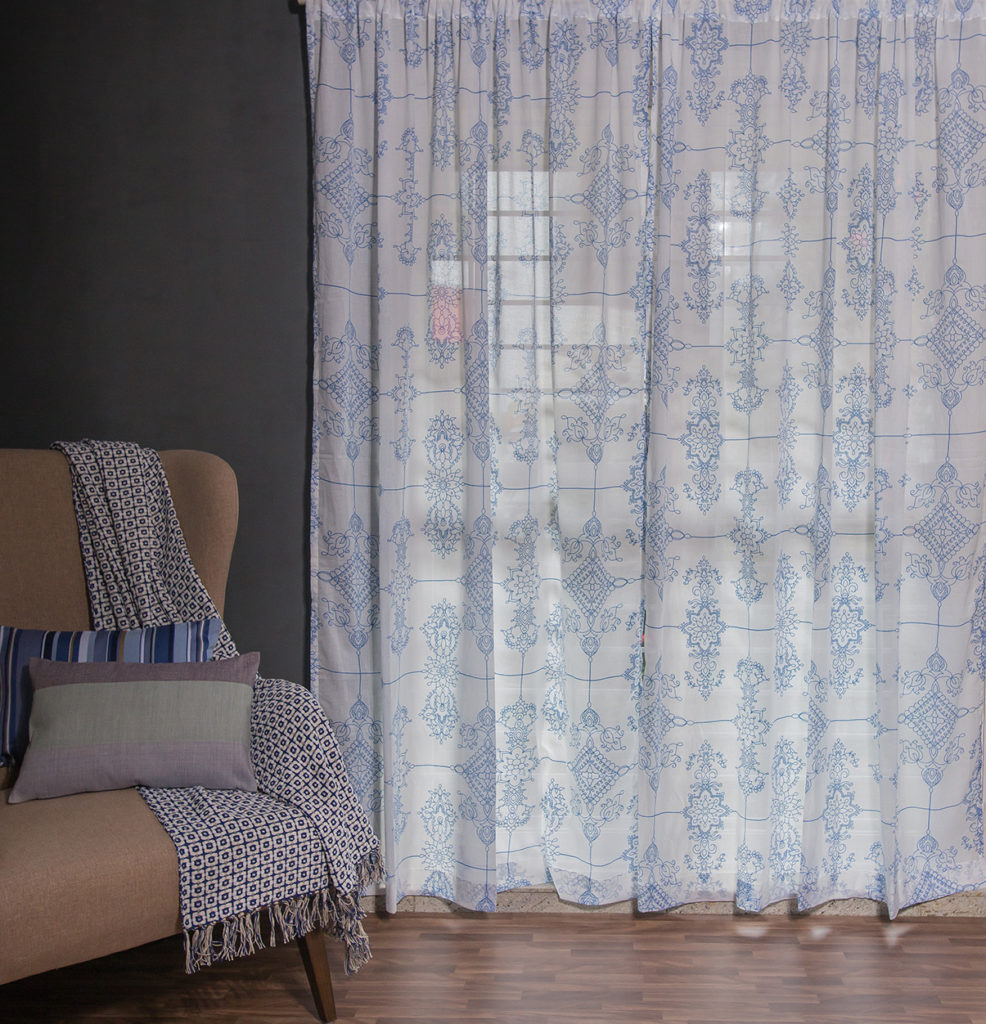 Classic Lines Sheer Cotton Curtain Blue – Thoppia