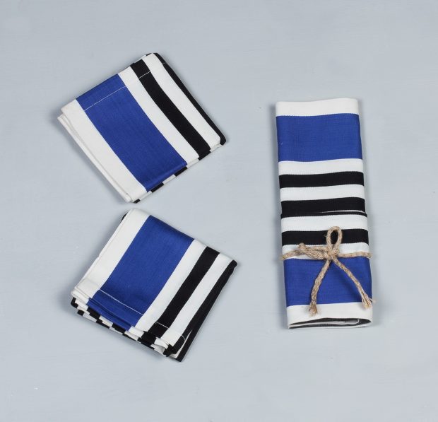 Satin Stripe Cotton Table Napkins Blue/Black - Set of 6