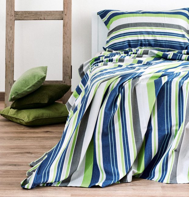 Woven Stripes Cotton Bed Sheet - Brilliant Green/Blue- With 2 pillow covers