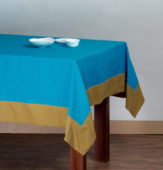 Chambray Cotton Table Cloth Scuba Blue/Beige 60