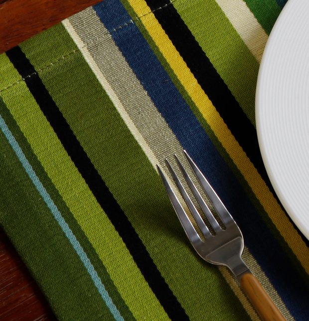 Satin Stripe Cotton Table Mats Green - Set of 6