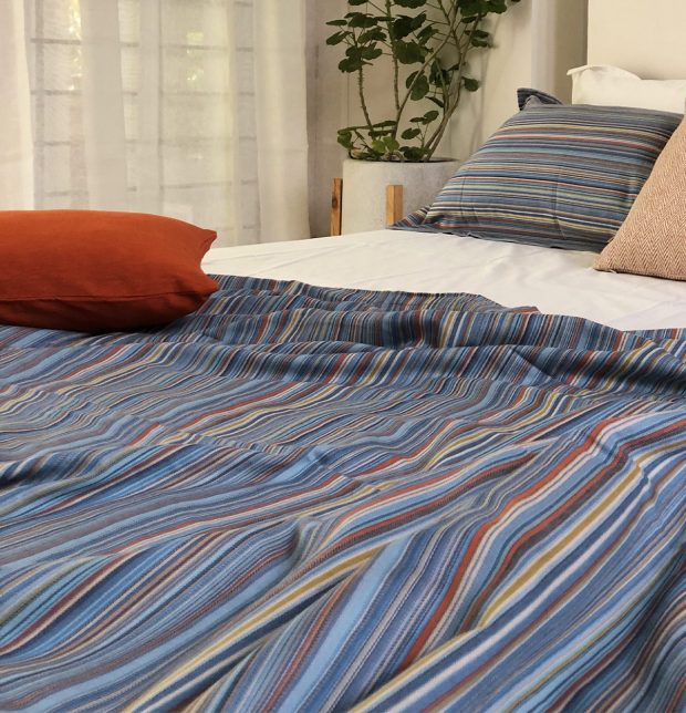 Woven Stripes Cotton Bed Sheet - Blue- With 2 pillow covers