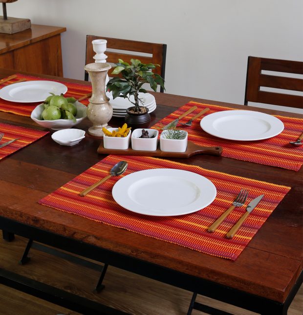 Handwoven Stripes Cotton Table Mats Red/Yellow- Set of 6