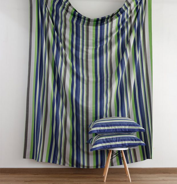 Woven Stripes Cotton Bed Sheet - Brilliant Green/Blue- With 2 pillow covers