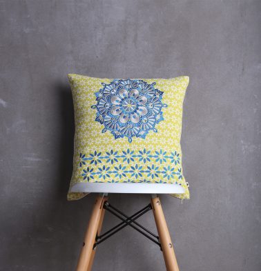 Embroidered Cotton Cushion cover Lemon Yellow/Blue 16x16
