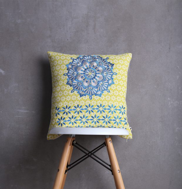 Embroidered Cotton Cushion cover Lemon Yellow/Blue 16