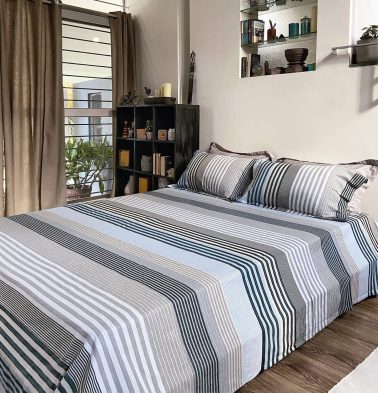 Melange Stripes Cotton Bed Sheet Blue- With 2 pillow covers - King