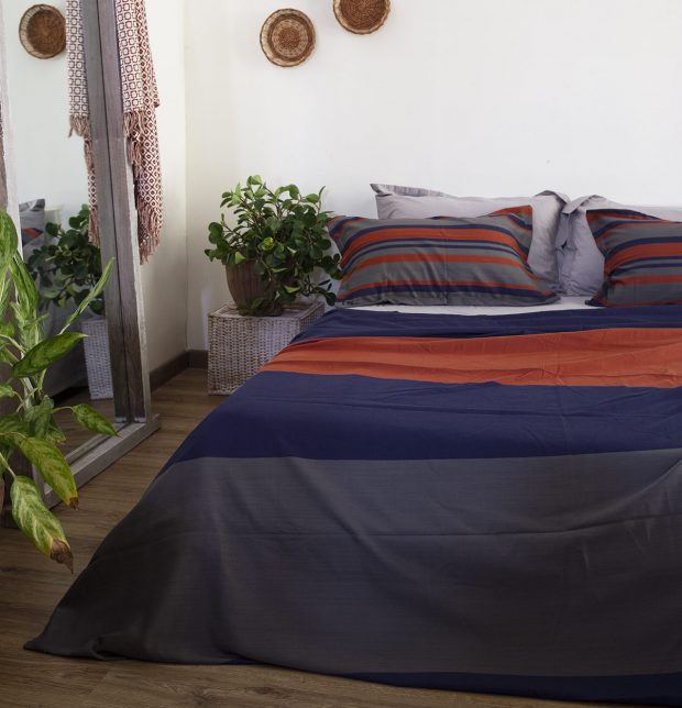 Bold Stripes Cotton Bed Sheet - Blue/Orange- With 2 pillow covers