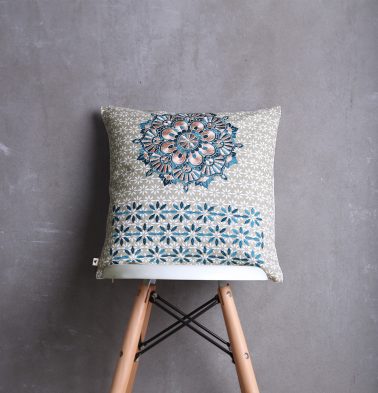 Embroidered Cotton Cushion cover Silver Grey Blue 16x16