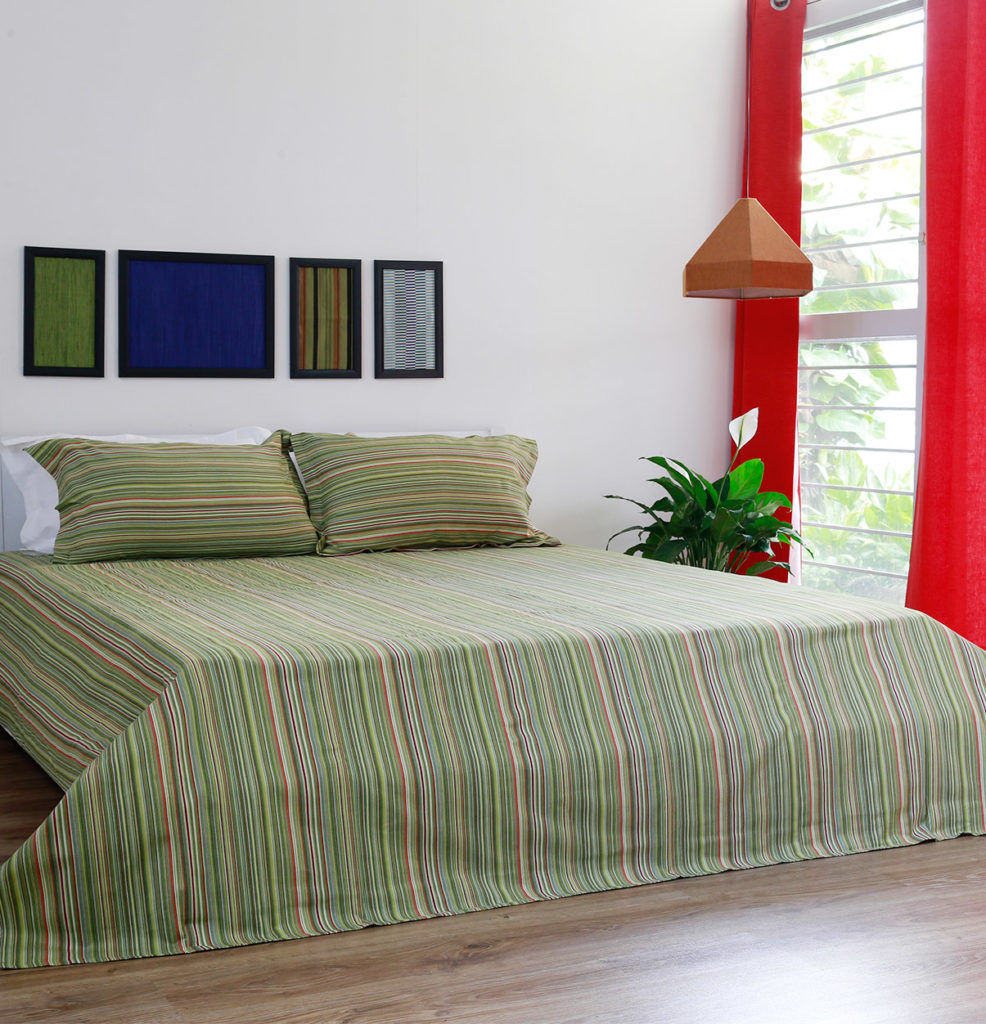 Woven Stripes Cotton Bed Sheet Green With 2 pillow covers Thoppia