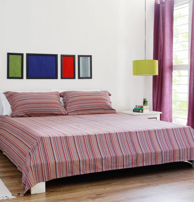 Woven Stripes Cotton Bed Sheet - Red- With 2 pillow covers