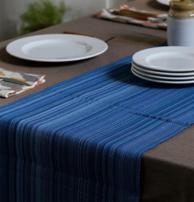 Handwoven Stripes Cotton Table Runner Blue 14x 60
