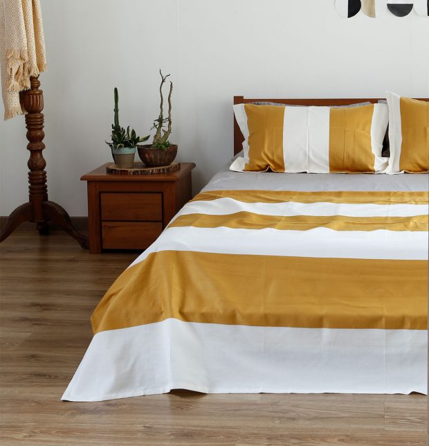 Broad Stripe Cotton Bed Sheet Mustard  - With 2 pillow covers