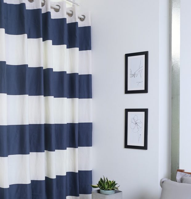 Broad Stripe Cotton Curtain Darkblue/White