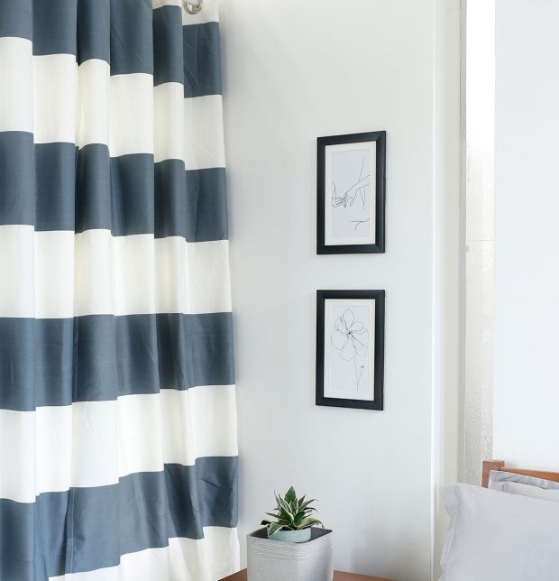 Broad Stripe Cotton Curtain Silver Blue