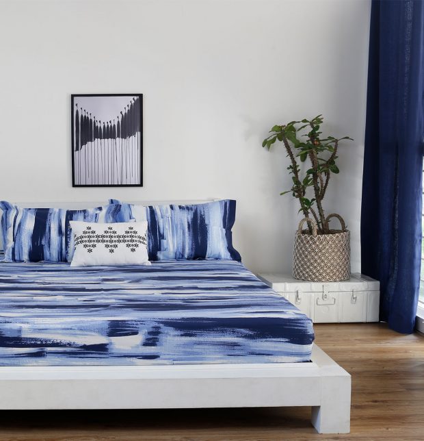 Brushstroke Cotton Fitted Bedsheet - Blue