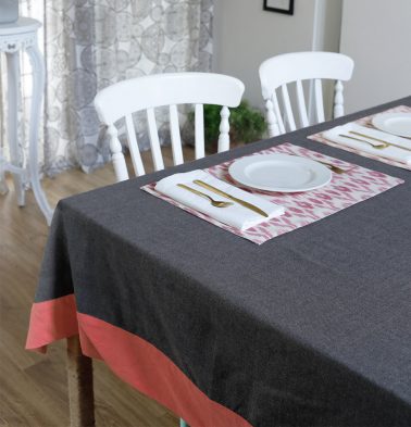 Chambray Cotton Table Cloth Grey/Coral