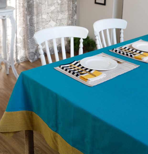 Chambray Cotton Table Cloth Scuba Blue/Beige 60