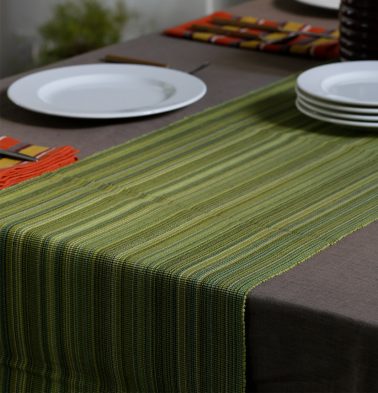Handwoven Stripes Cotton Table Runner Green 14x 90
