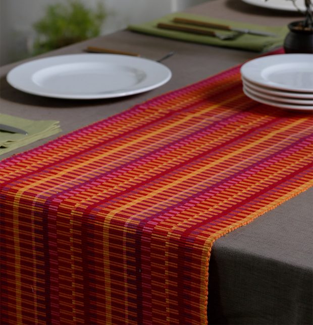 Handwoven Stripes Cotton Table Runner Beetroot Red/Yellow 14