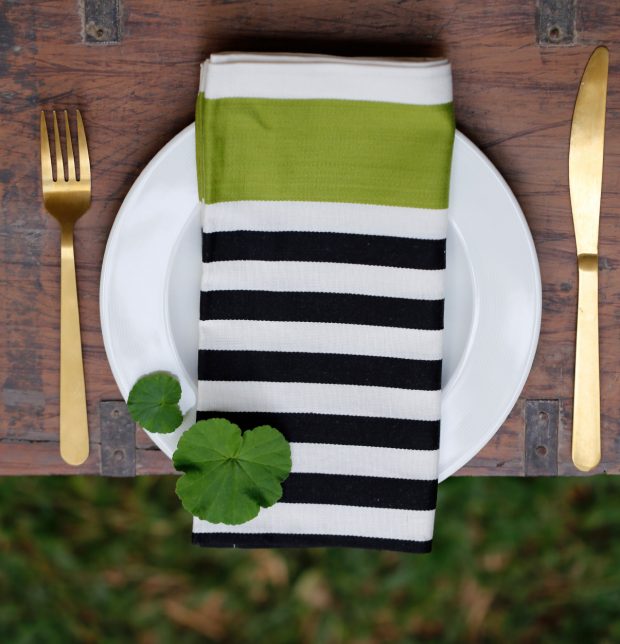 Satin Stripe Cotton Table Napkins Green/Black- Set of 6