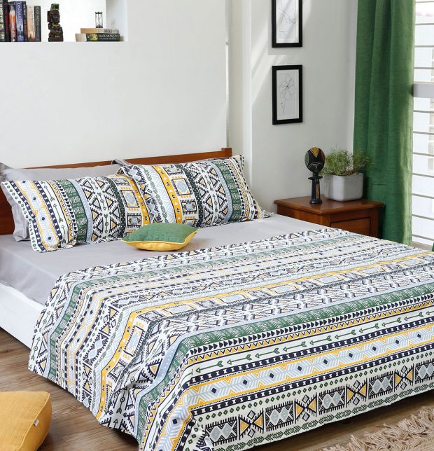 Aztec Cotton Bed Sheet – Green- With 2 pillow covers