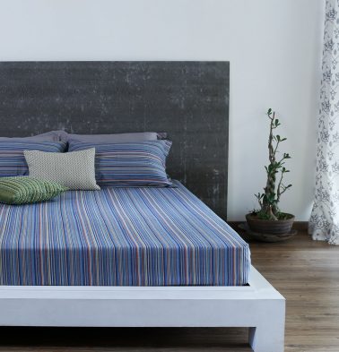 Woven Stripes Cotton Fitted Bedsheet- Blue