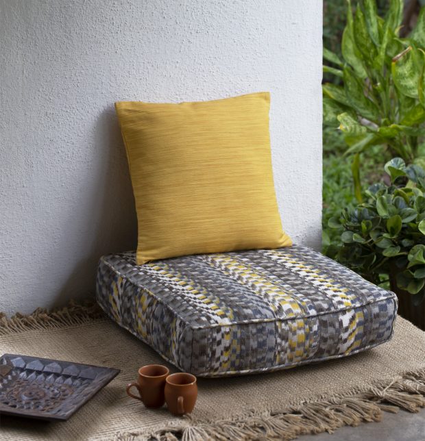 Customizable Handwoven Floor Cushion, Cotton - Ikat - Grey/Yellow