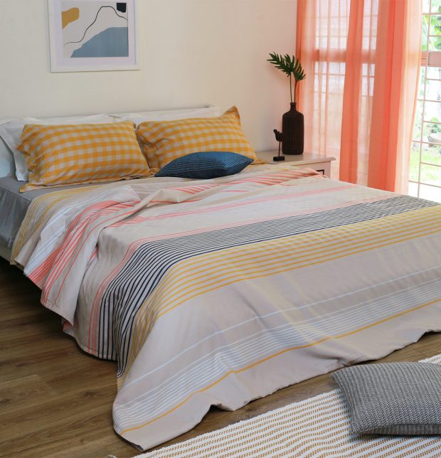 Nautical Coral and Navy Striped Cotton Bed Sheet - With 2 Chequered pillow covers