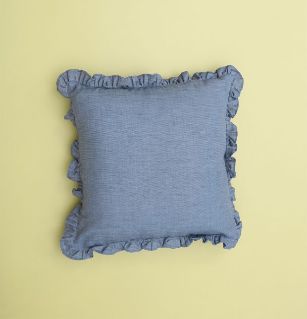 Pinstriped Cotton Cushion cover Blue with Frills 16