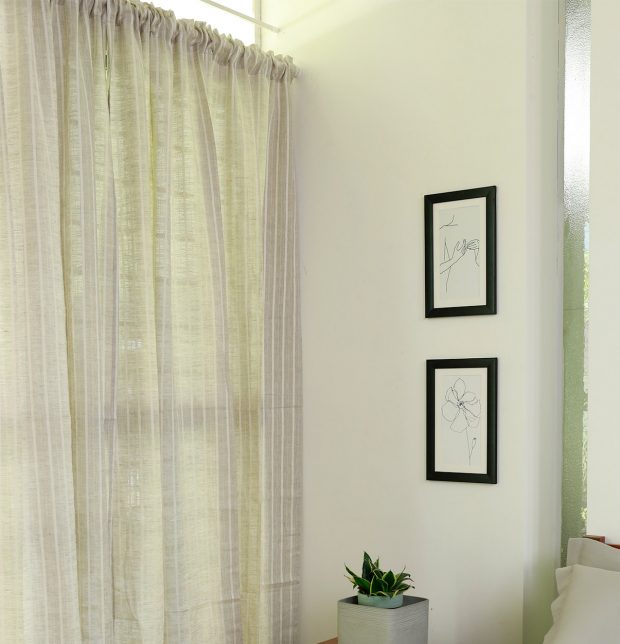 Fine Stripes Linen Semi Sheer Curtain Beige/White