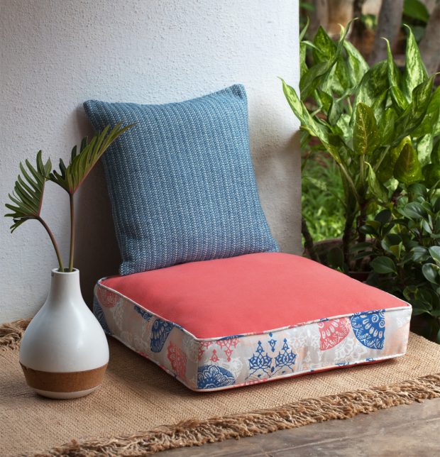 Chambray Scattered Printed Cotton Floor Cushion Coral/Blue