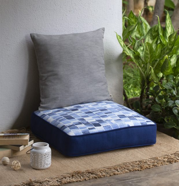 Chambray Brush Stroke Printed Cotton Floor Cushion-Blue