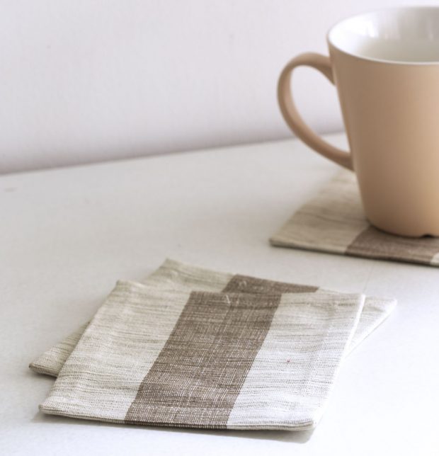Handwoven Stripe Cotton Coasters Beige – Set of 6