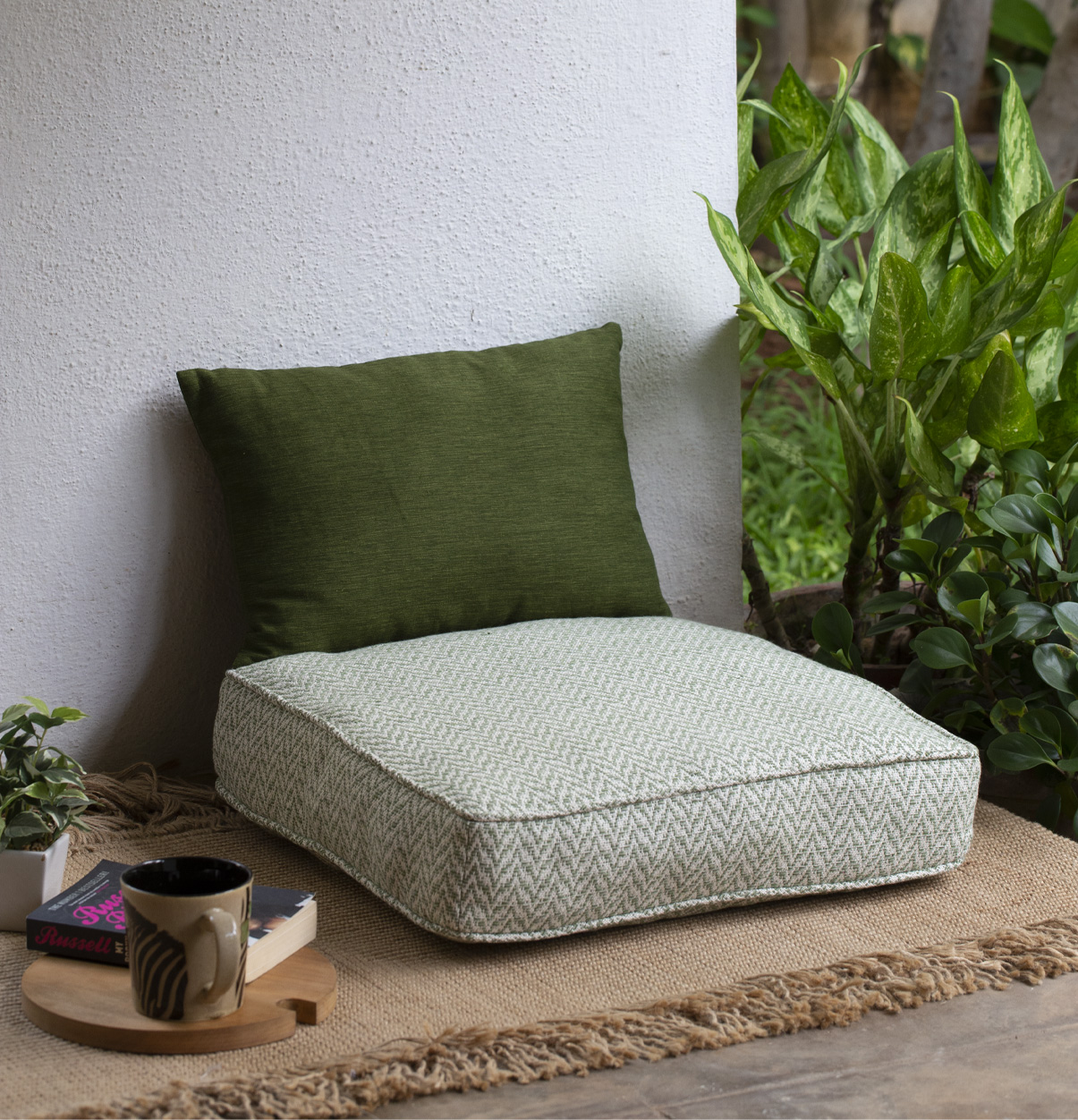 Handwoven chevron cotton floor cushion green