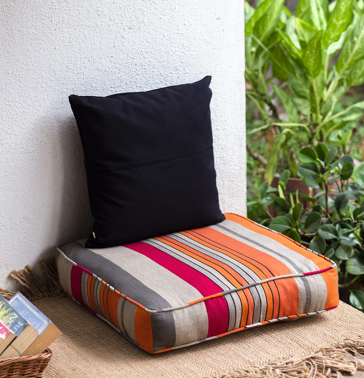 Handwoven Stripes Cotton Floor Cushion Beige/ Orange