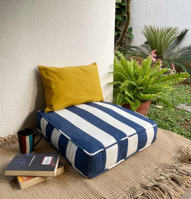Cabana Stripes Cotton Floor Cushion Blue/White