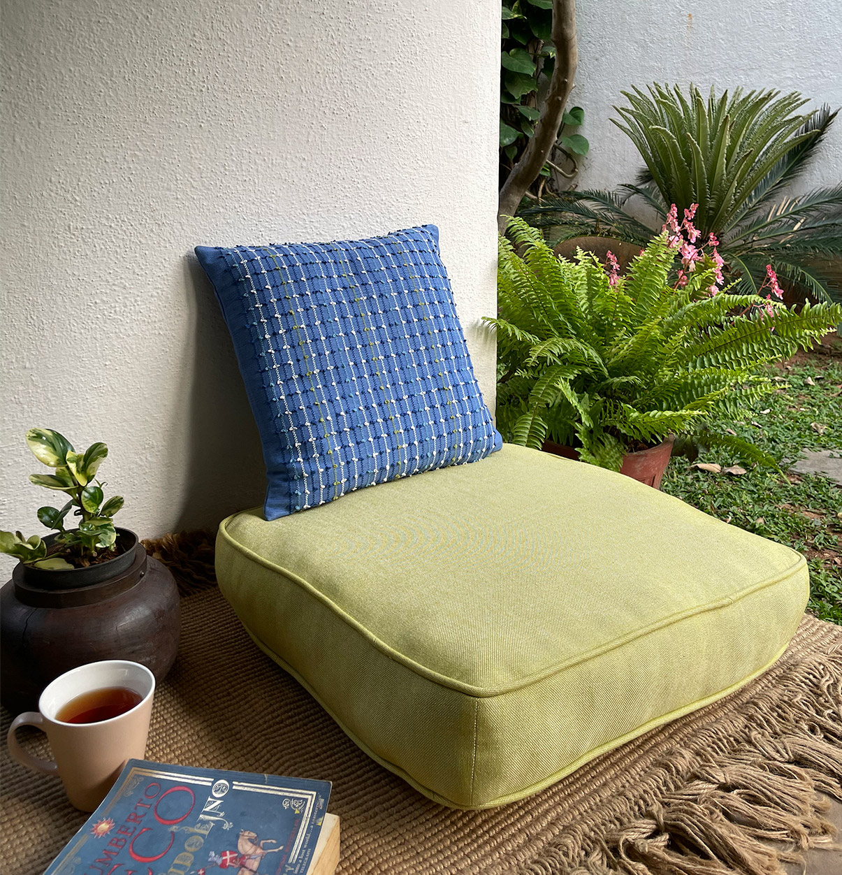 Chambray Cotton Floor Cushion Muted Lime