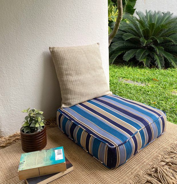 Handwoven Stripes Cotton Floor Cushion Blue/Beige