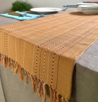 Handwoven Dobby Stripes Cotton Table Runner Pale Gold 14 x 60