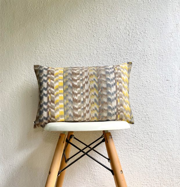 Customizable Hand woven Cushion Cover, Cotton - Ikat - Grey/Yellow