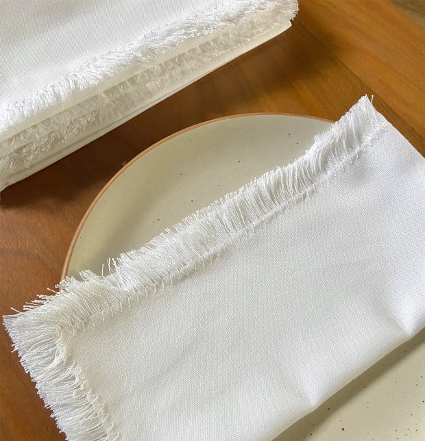 Solid Cotton Table Napkins with Fringes White Set of 6