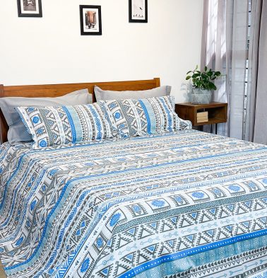 Aztec Cotton Bed Sheet – Blue – With 2 pillow covers
