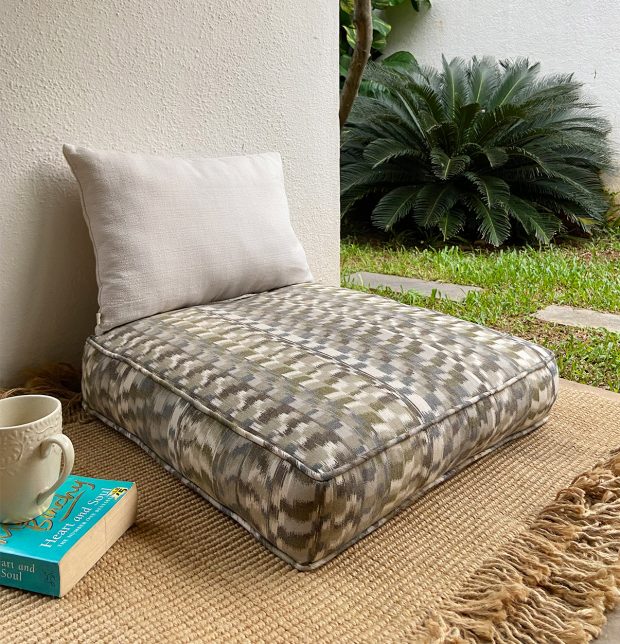 Customizable Handwoven Floor Cushion, Cotton - Ikat - Grey
