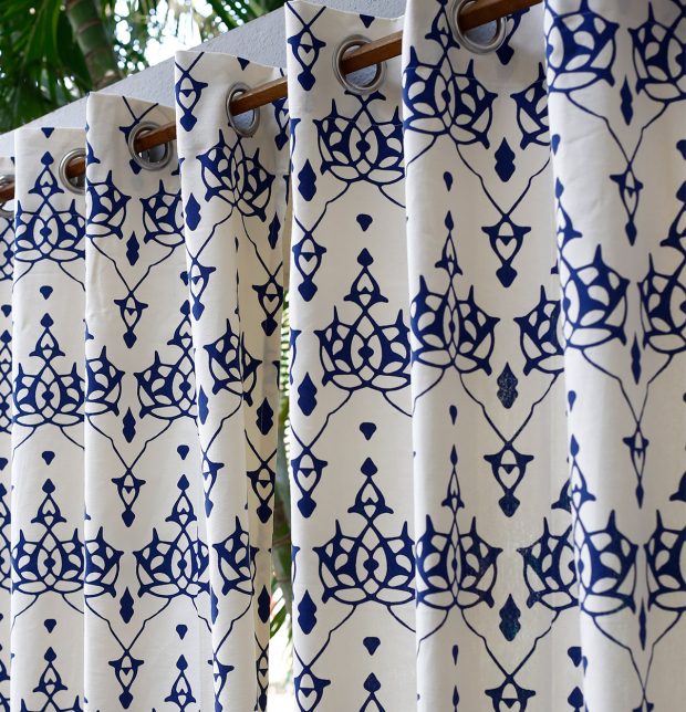Customizable Curtain, Cotton - Arabic Chevron - Indigo/Beige