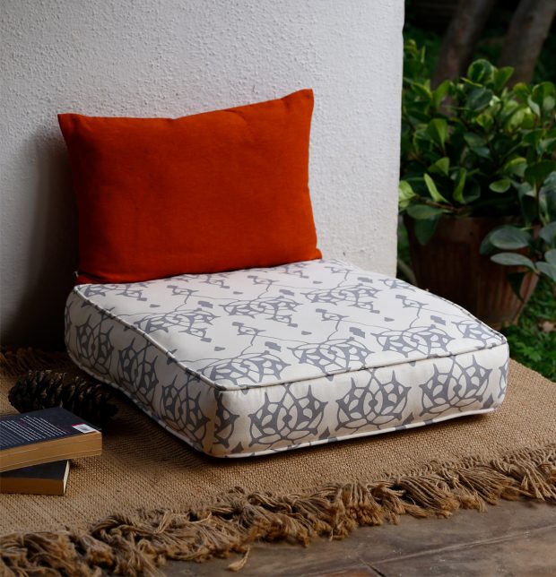 Customizable Floor Cushion, Cotton - Arabic Chevron - Grey/Beige
