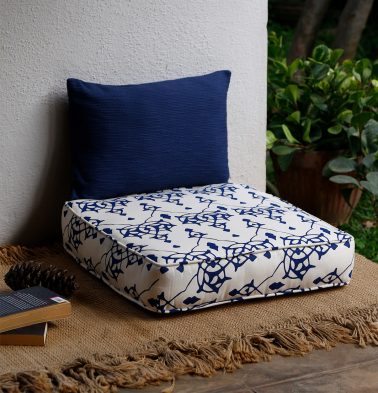 Customizable Floor Cushion, Cotton – Arabic Chevron – Indigo/Beige