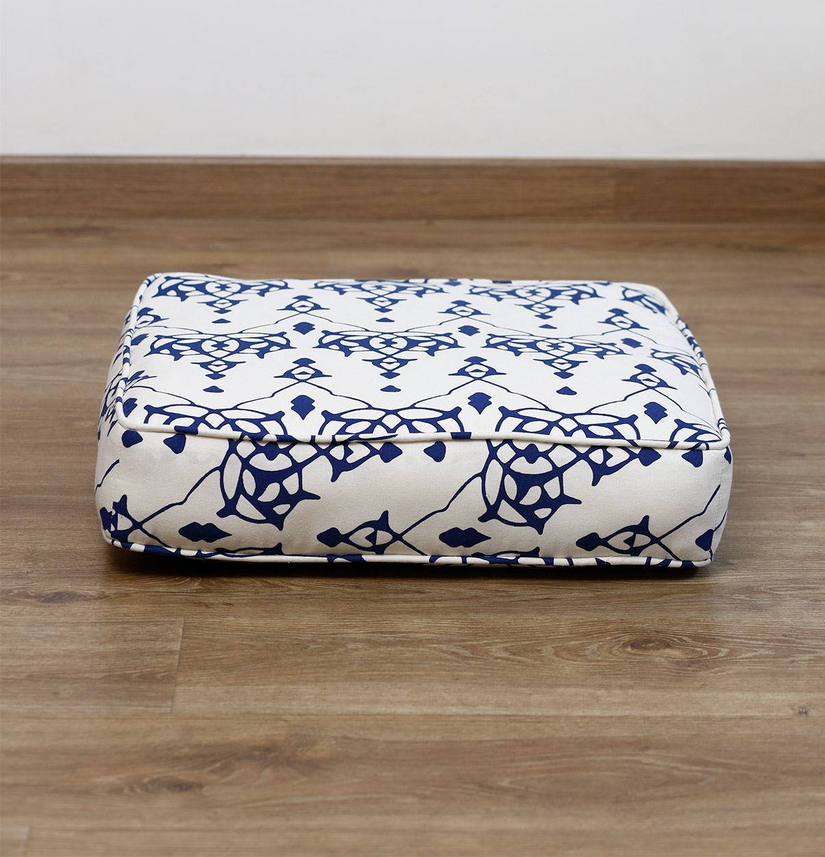 Customizable Floor Cushion, Cotton – Arabic Chevron – Indigo/Beige