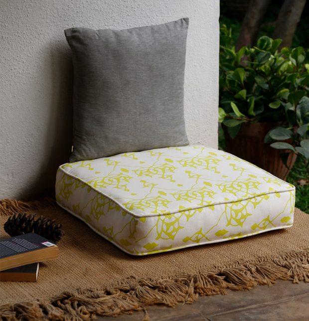 Customizable Floor Cushion, Cotton - Arabic Chevron - Lemon Green/Beige