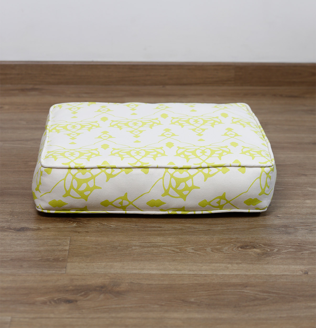 Customizable Floor Cushion, Cotton – Arabic Chevron – Lemon Green/Beige